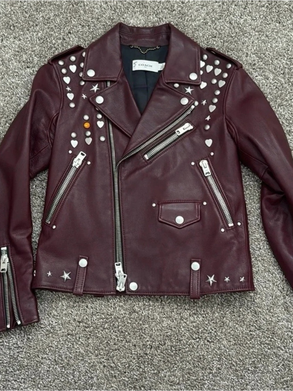 Coach Wine Leather Studded Moto Jacket